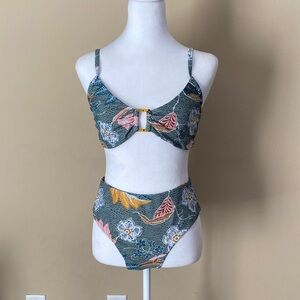 Floral Print High Waist Bikini Sage Green Two Piece Large
